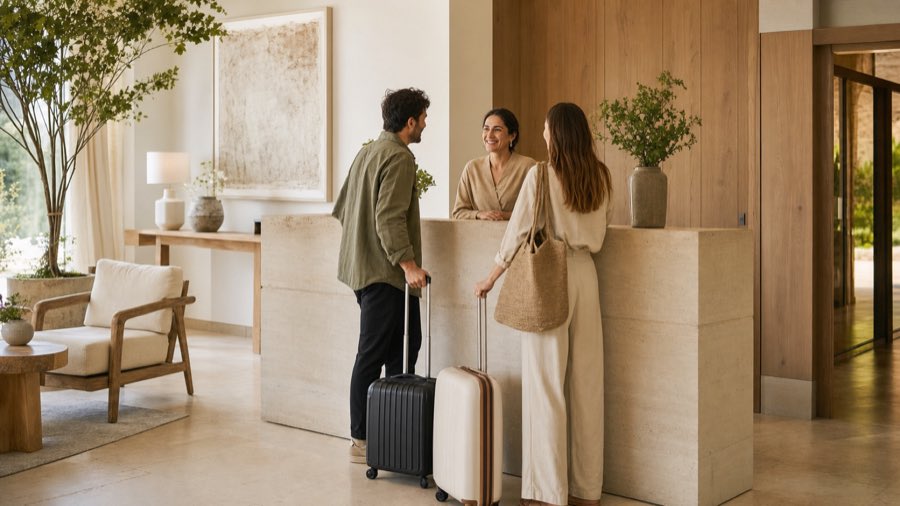 Des voyageurs accueillis à la réception d’un hôtel