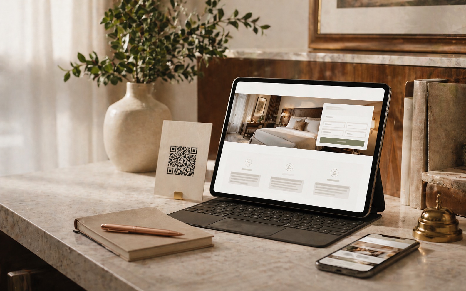 Chambre d’hôtel avec une tablette utilisée pour préparer l’accueil des voyageurs