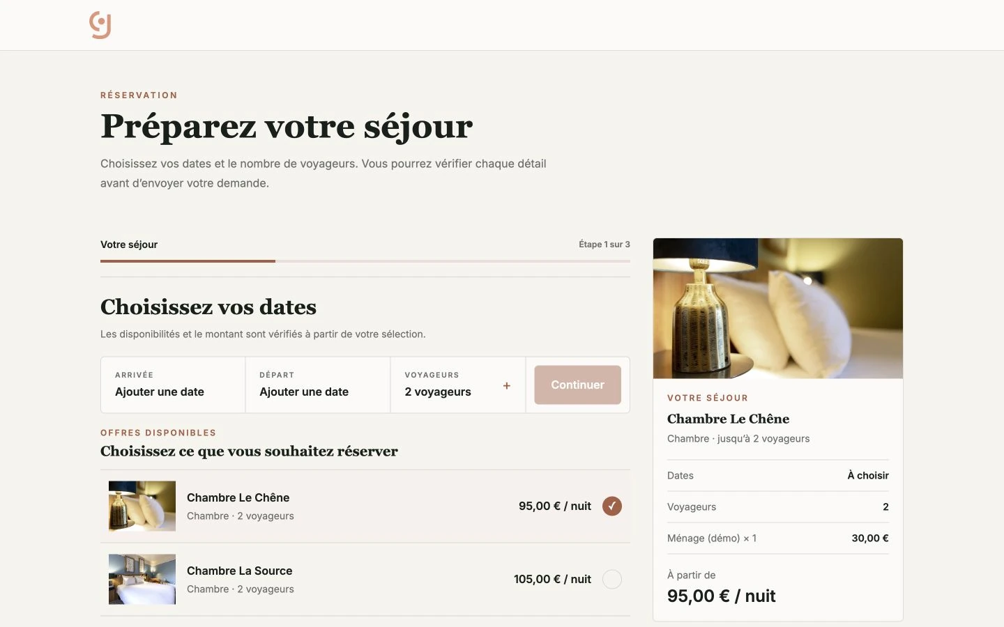 Current booking interface: dates, guests and accommodation