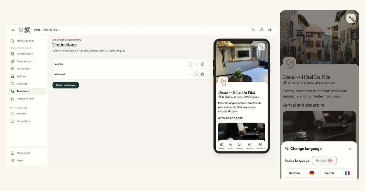 Translation management and guest guide language selector