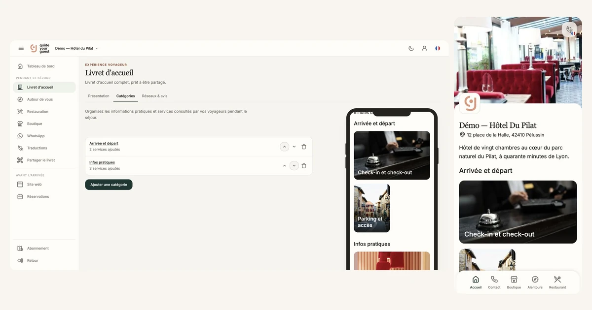 Gestion du livret et aperçu mobile dans le back-office GuideYourGuest actuel